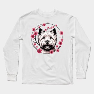 Cairn Terrier Enjoys Spring's Cherry Blossoms Splendor Long Sleeve T-Shirt